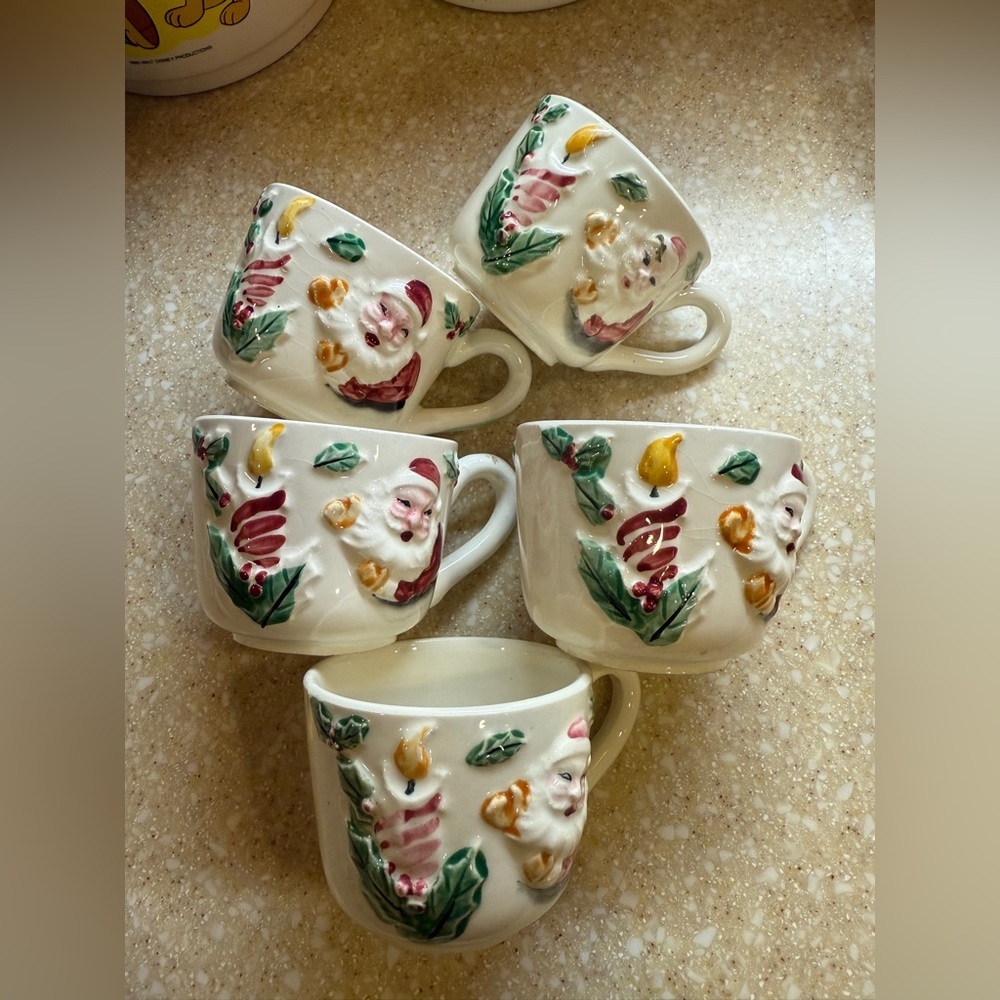 Vintage Christmas Santa Embossed Ceramic Punch Bowl Mugs - Set of 5